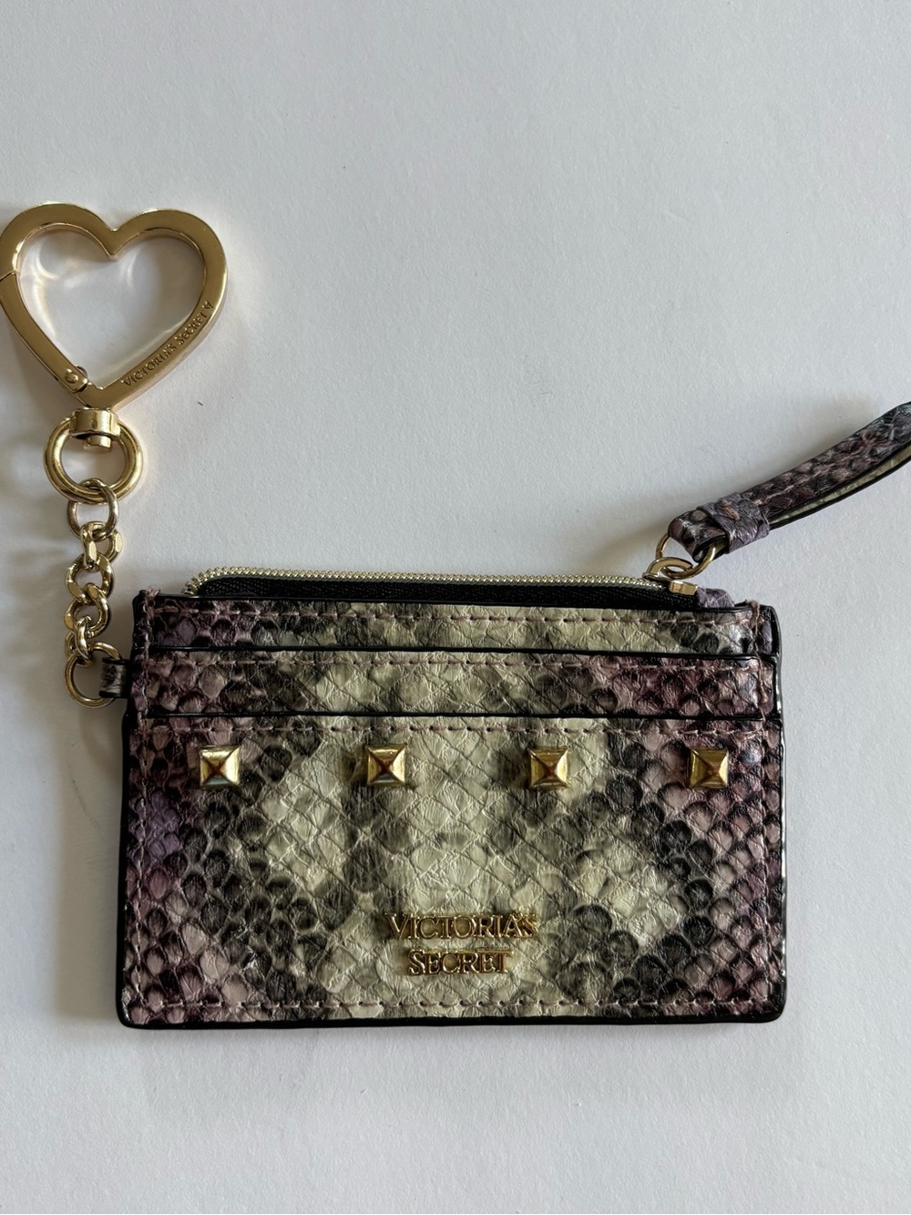 Victoria's Secret Purple Snake-Print Card Holder with Gold Heart Keyring